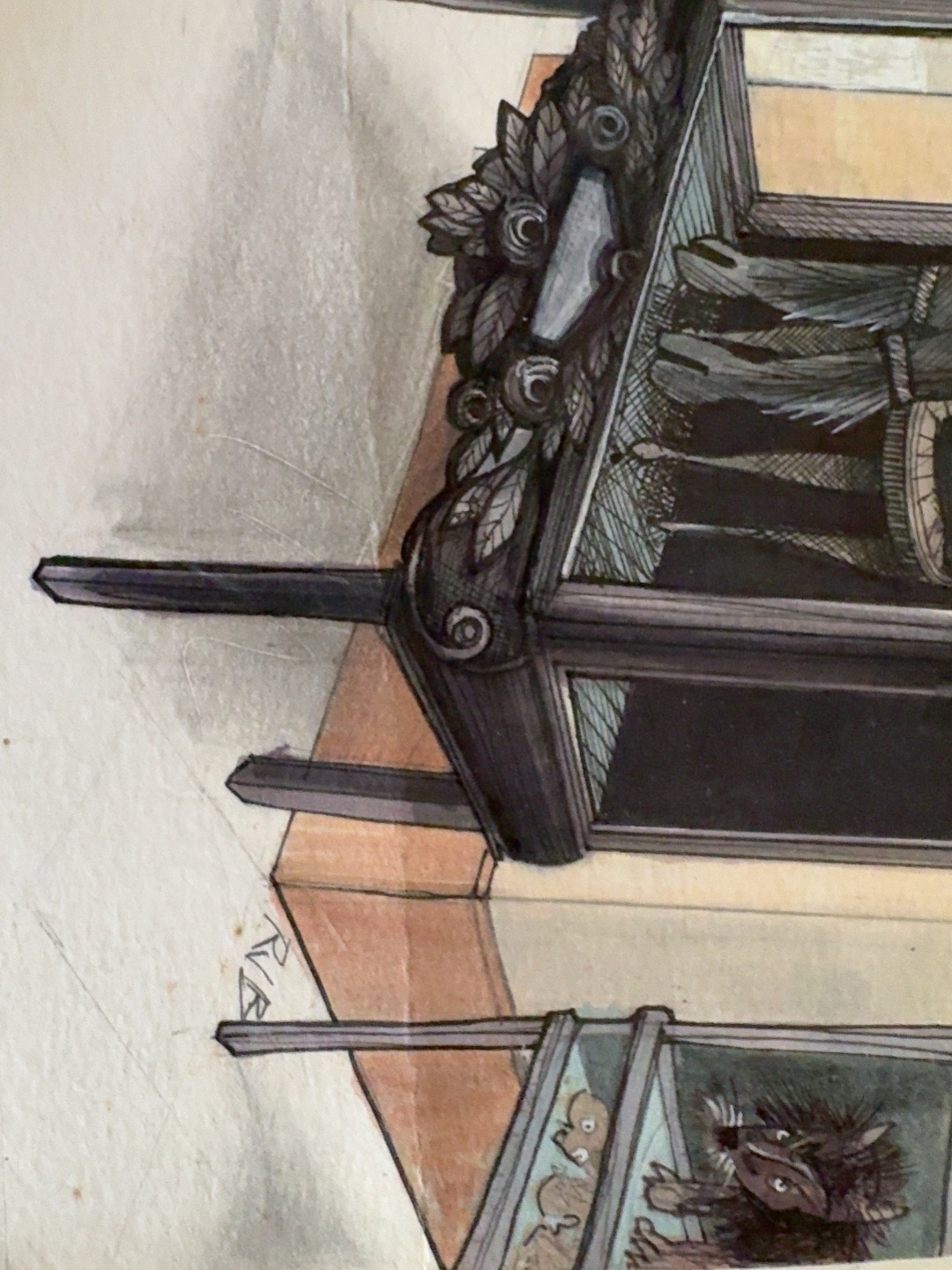 Close-up of the original In the Museum drawing showing the crease near the cabinet legs.